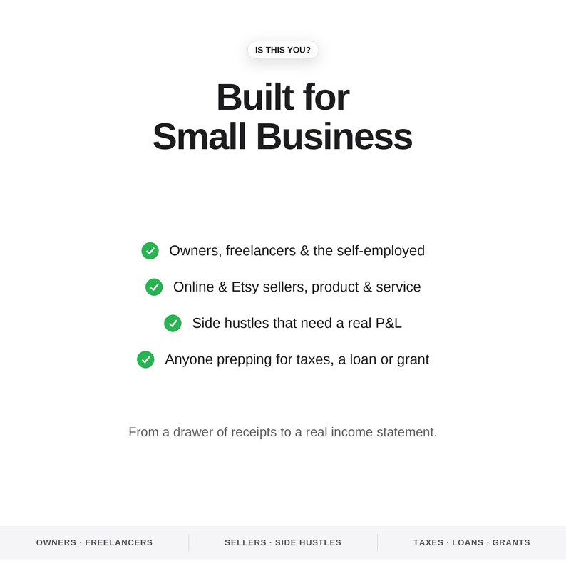 May include: A white informational graphic with black text reading IS THIS YOU? Built for Small Business. It lists four bullet points with green checkmarks for owners, freelancers, self-employed, Etsy sellers, side hustles, and tax preparation.