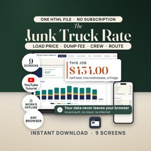Junk Removal Pricing and Route Dashboard | Truck Load Fraction Calculator App, No Install | Dump Fee, Crew Cost & Job Profit image 1