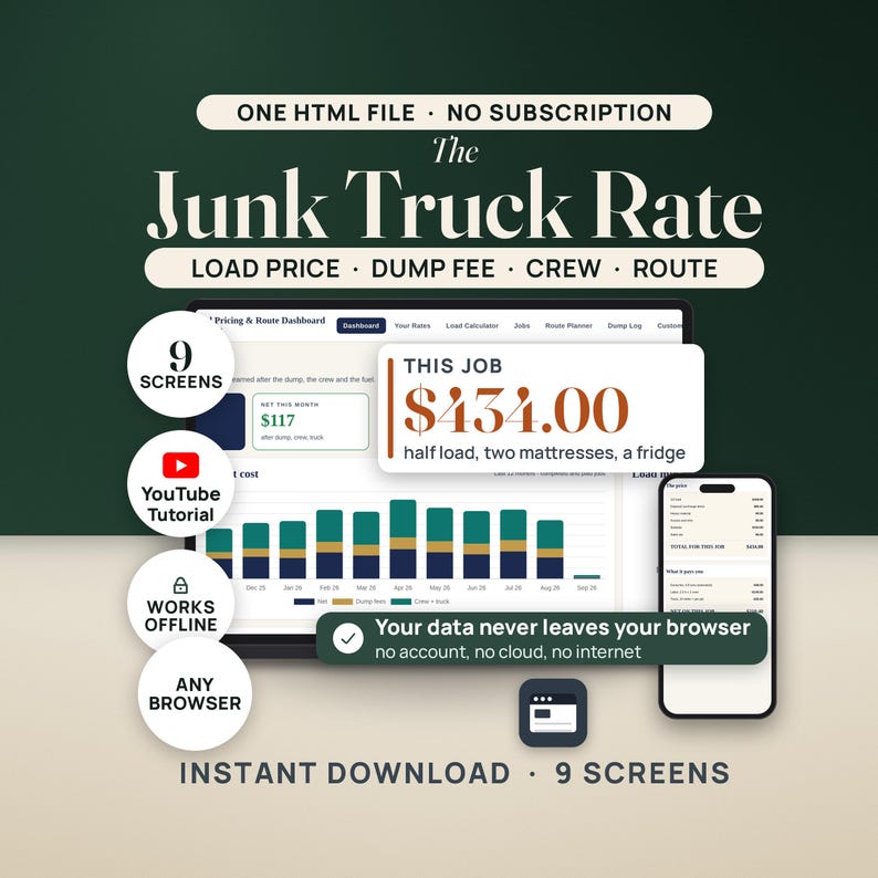 Junk Removal Pricing and Route Dashboard | Truck Load Fraction Calculator App, No Install | Dump Fee, Crew Cost & Job Profit image 1