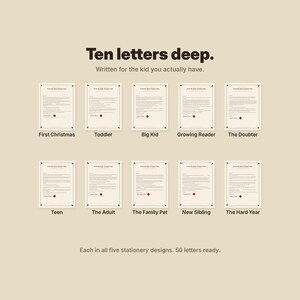 Puede incluir: Ten letters deep. Written for the kid you actually have. Una colecci&oacute;n de diez cartas impresas con un gr&aacute;fico de sello de cera rojo, etiquetadas First Christmas, Toddler, Big Kid, Growing Reader, The Doubter, Teen, The Adult, The Family Pet, New Sibling y The Hard Year. Cada una en cinco dise&ntilde;os de papeler&iacute;a. 50 cartas listas.