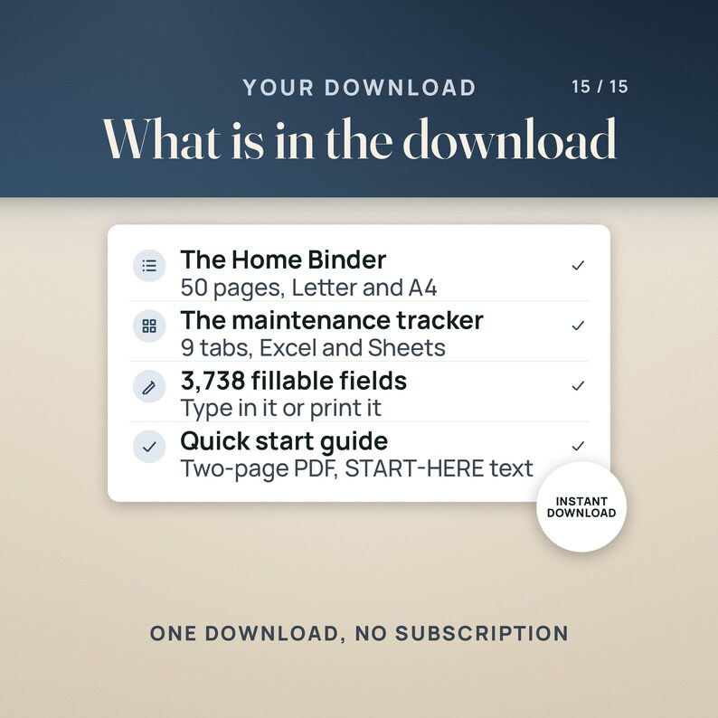 What is in the download: the Home Binder, 50 pages on Letter and A4; the maintenance tracker, 9 tabs for Excel and Google Sheets; 3,738 fillable fields to type in or print; and a two-page quick start guide with a START-HERE text file. Instant download.