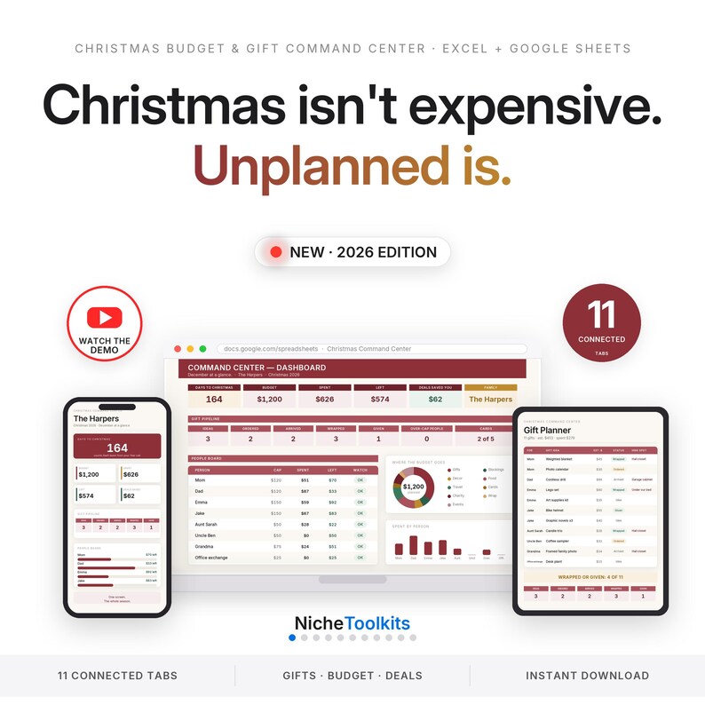Planificador de presupuesto navideño Hoja de cálculo Rastreador de regalos Presupuesto navideño Excel Google Sheets Rastreador de ofertas del Black Friday Lista de regalos de Navidad imagen 1