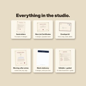 Puede incluir: Una colecci&oacute;n de papeler&iacute;a digital titulada Everything in the studio, que presenta seis categor&iacute;as: cartas de Santa con 10 guiones, certificados con 5 dise&ntilde;os, kit de sobres, extras, papeler&iacute;a en blanco y una gu&iacute;a editable de PowerPoint.
