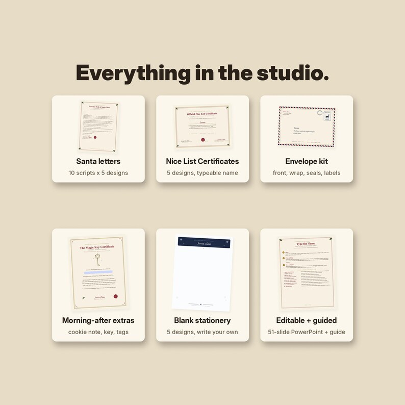 Puede incluir: Una colecci&oacute;n de papeler&iacute;a digital titulada Everything in the studio, que presenta seis categor&iacute;as: cartas de Santa con 10 guiones, certificados con 5 dise&ntilde;os, kit de sobres, extras, papeler&iacute;a en blanco y una gu&iacute;a editable de PowerPoint.