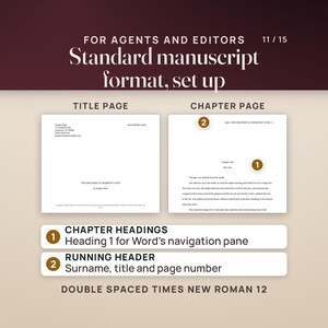 Standard manuscript format for agents and editors: the title page and a chapter page with Heading 1 chapter headings and a running header with surname, title and page number, double spaced Times New Roman 12.