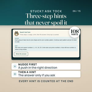 Tock the owl's hint panel in the app on a Teen lock: a nudge and then a real hint are open, and the answer stays behind a Show the answer button. A seal reads 108 hints, three for every lock at every level. Every hint is counted on the results screen.