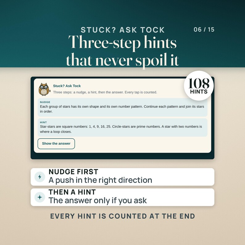 Tock the owl's hint panel in the app on a Teen lock: a nudge and then a real hint are open, and the answer stays behind a Show the answer button. A seal reads 108 hints, three for every lock at every level. Every hint is counted on the results screen.