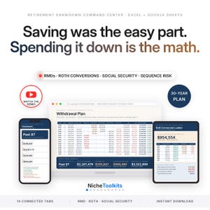 May include: A digital retirement drawdown command center spreadsheet for Excel and Google Sheets. The interface displays a withdrawal plan, dashboard, and Roth conversion ladder with financial data, tables, and text including Saving was the easy part. Spending it down is the math. RMDs, Roth Conversions, Social Security, Sequence Risk, and NicheToolkits are visible.
