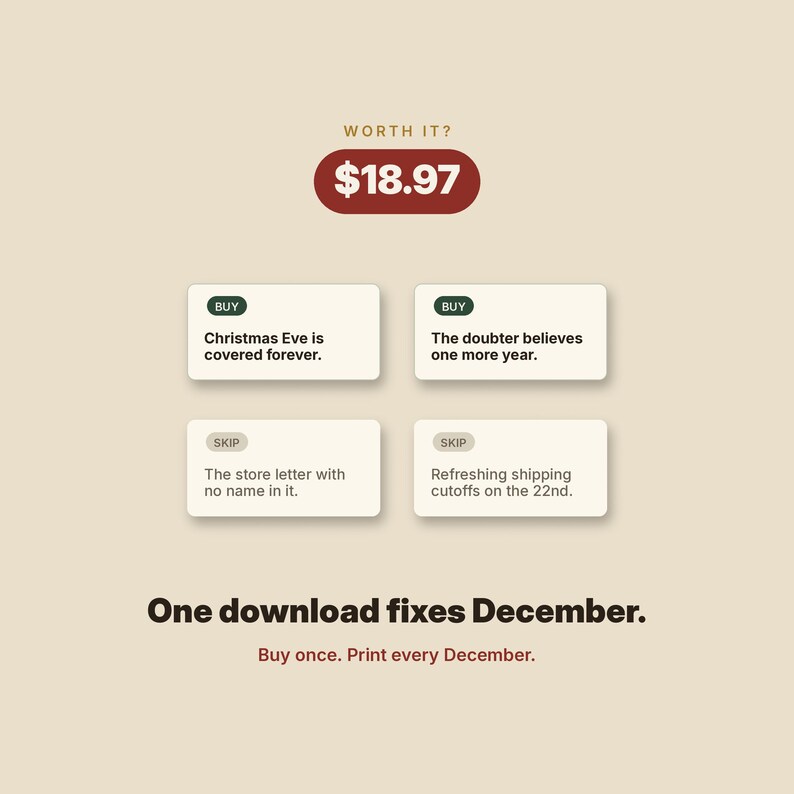 Puede incluir: Una interfaz de producto digital con el texto Worth it? y $18.97 en un &oacute;valo rojo oscuro. Cuatro tarjetas rectangulares blancas muestran botones Buy o Skip con texto que incluye Christmas Eve is covered forever, The doubter believes one more year, The store letter with no name in it, y Refreshing shipping cutoffs on the 22nd. El texto inferior dice One download fixes December. Buy once. Print every December.