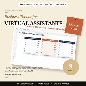 Virtual Assistant Business Toolkit | VA Forms Bundle with Client Onboarding, Contract, Pricing Calculator & 50 Social Posts | Excel PDF