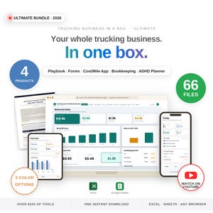 Trucking Business in a Box Ultimate Bundle hero showing owner operator startup kit, cost per mile calculator app, trucking bookkeeping spreadsheet and ADHD trucker planner, four products in one download for Excel, Google Sheets and browser