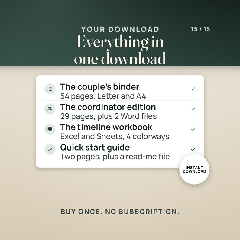 Everything in one download, as a checklist: the couple's binder, 54 pages on Letter and A4; the coordinator edition, 29 pages plus 2 Word files; the timeline workbook for Excel and Sheets in 4 colorways; and a two-page quick start guide plus a read-me file. A seal reads instant download. Caption: buy once, no subscription.