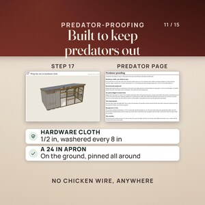 Predator-proofing. Step 17 of the Medium plans shows the run wrapped in hardware cloth, and the predator-proofing page explains hardware cloth instead of chicken wire, screws and washers, an apron, two-step latches and no gap over 1/2 in. Rows read 1/2 in hardware cloth washered every 8 in, and a 24 in apron on the ground, pinned all around.