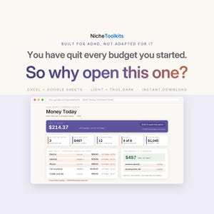 Hoja de cálculo de presupuesto para TDAH Centro de control de dinero para Excel y Google Sheets / Presupuesto seguro para gastar el sueldo Rastreador de impulsos / Modo claro y oscuro