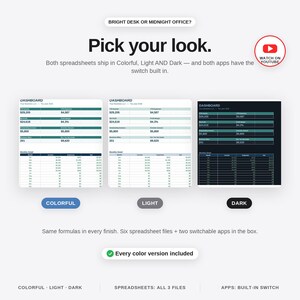 Puede incluir: Una pantalla de panel de control digital con tres temas de hoja de c&aacute;lculo: colorido, claro y oscuro. El texto dice: BRIGHT DESK OR MIDNIGHT OFFICE? Pick your look. Both spreadsheets ship in Colorful, Light AND Dark &mdash; and both apps have the switch built in.