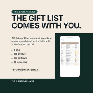 The digital half, headlined The gift list comes with you. A phone screenshot shows the spreadsheet companion open, so the list is with you in the store. A list reads 6 tabs, 120 gift rows, 100 card rows and 60 menu rows, in standard xlsx format.