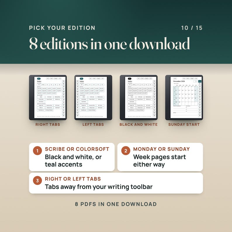 Four of the 8 editions on tablets: right-hand tabs, left-hand tabs, the black and white Index page and the Sunday-start November 2026 page. Scribe or Colorsoft, Monday or Sunday, right or left tabs: 8 PDFs in one download.