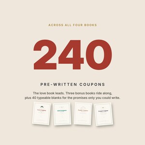 Może przedstawiać: Zestaw czterech książeczek z kuponami z tekstem ACROSS ALL FOUR BOOKS 240 PRE-WRITTEN COUPONS. The love book leads. Three bonus books ride along, plus 40 typeable blanks for the promises only you could write. Okładki są oznaczone jako Love, Kid, Family oraz Friend.
