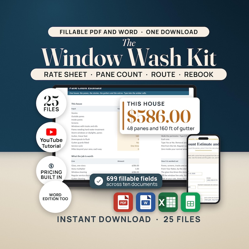 Window Cleaning Business Toolkit | Gutter Cleaning Forms Bundle with Pane Count Estimate Calculator, Invoice & Route Sheet | Excel PDF image 1