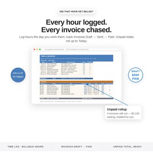 May include: A digital interface displaying a time and invoice tracker. Text reads: Every hour logged. Every invoice chased. The spreadsheet shows columns for date, client, tasks, hours, and billable status, with a summary box for unpaid invoice totals.