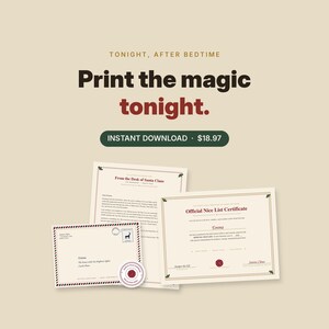 Puede incluir: Un conjunto digital imprimible que incluye una carta de Santa Claus, un certificado oficial de la lista de ni&ntilde;os buenos para Emma y un sobre con bordes de correo a&eacute;reo, un sello de reno y un sello de cera del Polo Norte.