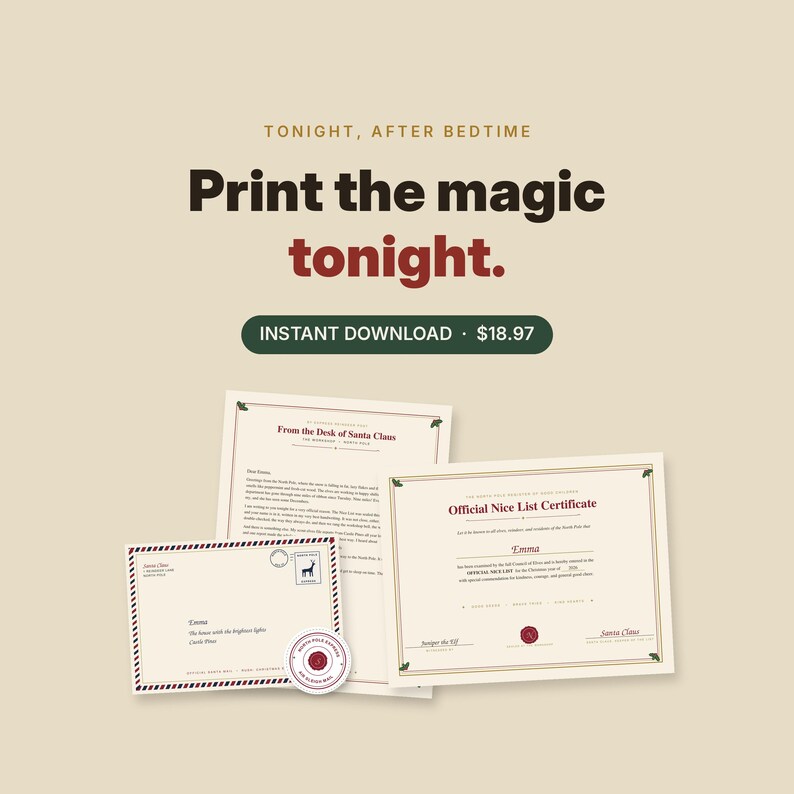 Puede incluir: Un conjunto digital imprimible que incluye una carta de Santa Claus, un certificado oficial de la lista de ni&ntilde;os buenos para Emma y un sobre con bordes de correo a&eacute;reo, un sello de reno y un sello de cera del Polo Norte.
