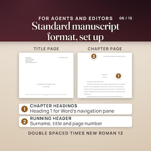 Standard manuscript format: the title page with the contact block, the word count, the title and the byline, beside a chapter page with the running header of surname, title and page number, and the chapter heading set as Heading 1. Times New Roman 12, double spaced.