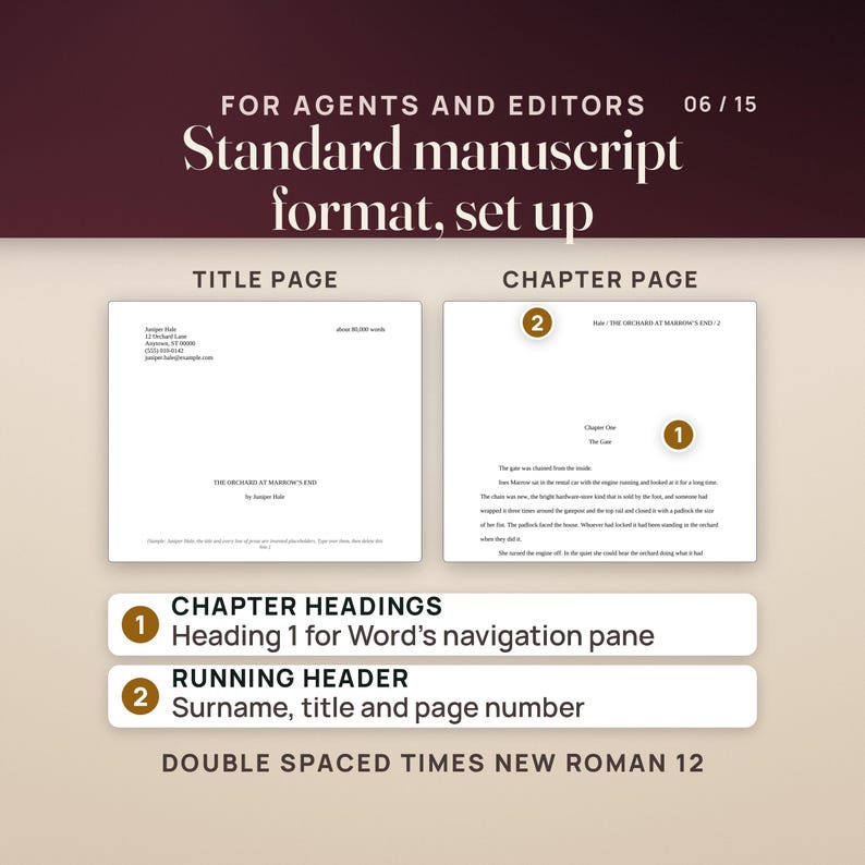 Standard manuscript format: the title page with the contact block, the word count, the title and the byline, beside a chapter page with the running header of surname, title and page number, and the chapter heading set as Heading 1. Times New Roman 12, double spaced.
