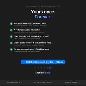K&ouml;nnte beinhalten: Eine digitale Produktwerbung auf schwarzem Hintergrund mit dem Text Yours once. Forever. Sie listet Funktionen auf, darunter ein 20-Tab ADHD Life Command Center f&uuml;r Excel und Google Sheets, einen Today-Bildschirm, einen Brain Dump und einen Leitfaden.