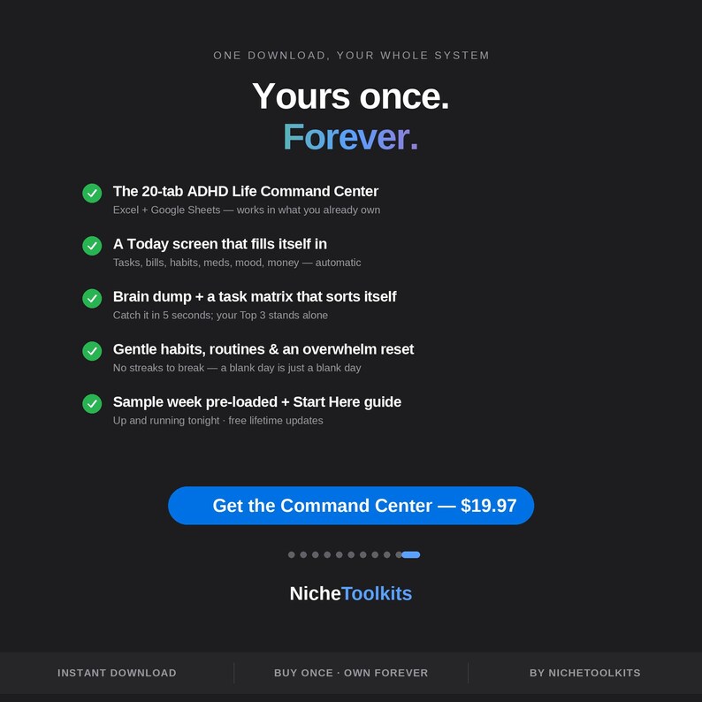 K&ouml;nnte beinhalten: Eine digitale Produktwerbung auf schwarzem Hintergrund mit dem Text Yours once. Forever. Sie listet Funktionen auf, darunter ein 20-Tab ADHD Life Command Center f&uuml;r Excel und Google Sheets, einen Today-Bildschirm, einen Brain Dump und einen Leitfaden.