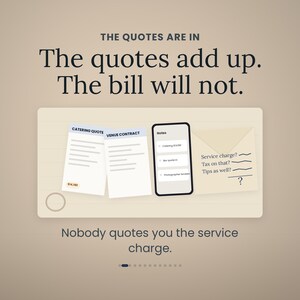 Op de afbeelding: Een afbeelding met de tekst THE QUOTES ARE IN, The quotes add up. The bill will not., en Nobody quotes you the service charge. Het toont een cateringofferte, een locatiecontract, een smartphone met notities en een envelop met vragen.