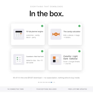 Pode incluir: Um gr&aacute;fico de informa&ccedil;&otilde;es de produto intitulado In the box. Exibe quatro cart&otilde;es brancos com &iacute;cones e texto: 10-tab planner engine, The candy calculator, Countdown + Next Year Fund e Colorful, Light, Dark, Editorial para Excel e Google Sheets.