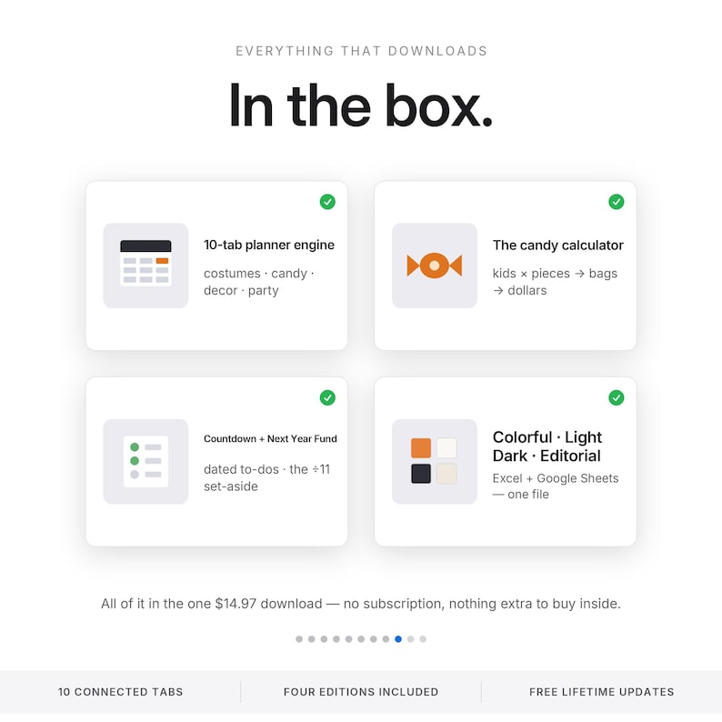 Pode incluir: Um gr&aacute;fico de informa&ccedil;&otilde;es de produto intitulado In the box. Exibe quatro cart&otilde;es brancos com &iacute;cones e texto: 10-tab planner engine, The candy calculator, Countdown + Next Year Fund e Colorful, Light, Dark, Editorial para Excel e Google Sheets.