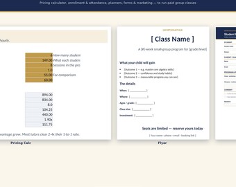 Puede incluir: Un kit de clases y talleres grupales que incluye una calculadora de precios, una plantilla de folleto y un formulario de inscripción para estudiantes. Los documentos contienen campos de texto para nombres de clases, detalles y horarios.