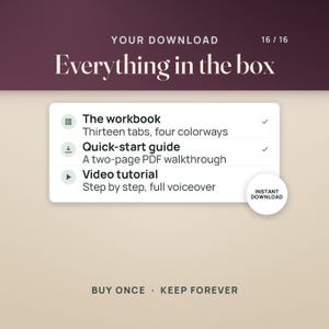 May include: A digital download information card titled "YOUR DOWNLOAD" and "Everything in the box" listing "The workbook" with thirteen tabs and four colorways, a "Quick-start guide" two-page PDF, and a "Video tutorial" with voiceover.