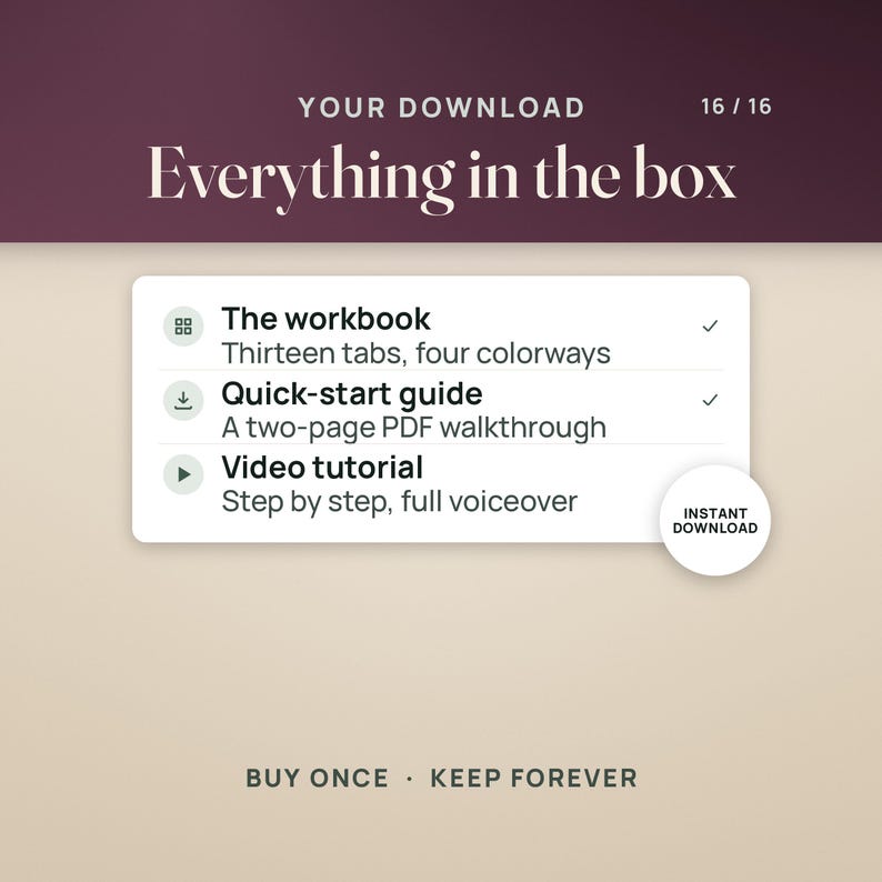 May include: A digital download information card titled "YOUR DOWNLOAD" and "Everything in the box" listing "The workbook" with thirteen tabs and four colorways, a "Quick-start guide" two-page PDF, and a "Video tutorial" with voiceover.