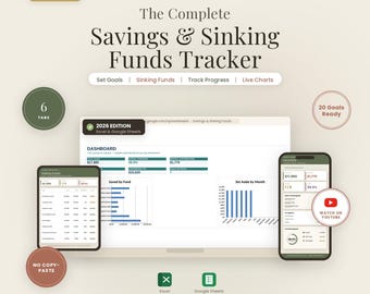 Savings & Sinking Funds Tracker | Savings Goal Planner for Excel and Google Sheets | Emergency Fund, Sinking Fund Budget, Auto Dashboard