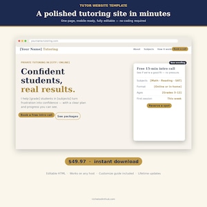 Può includere: Un modello di sito web digitale per un'attività di tutoraggio caratterizzato da un layout pulito con campi di testo per nome, materie e informazioni di contatto. Il design include un'intestazione, una sezione principale con il titolo Confident students, real results e una barra laterale per prenotare chiamate.