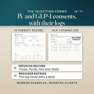 The IV therapy infusion record, filled with visit details, fluids as ordered with lot and expiration, and a before, during and after vitals grid, beside the GLP-1 dosing log, where the dose column reads per order and the page says the log does not set, suggest or schedule any dose. A seal reads no dose advice. Worked examples with invented clients.