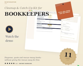 Bookkeeping Cleanup Checklist & Catch-Up Kit | Messy Books Rescue for Bookkeepers | Pricing Calculator, Client Scripts | QBO Excel PDF