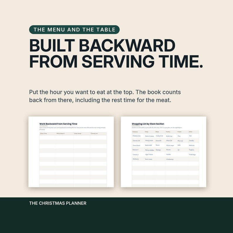 The menu and the table section, headlined Built backward from serving time. The caption explains you put the hour you want to eat at the top and the book counts back from there, including the rest time for the meal. Two planning pages are shown.