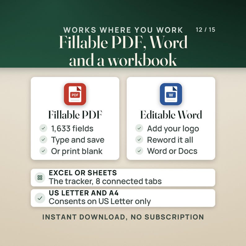 Works where you work: a fillable PDF card (1,633 fields, type and save, or print blank) and an editable Word card (add your logo, reword it all, Word or Google Docs). Rows note that the tracker opens in Excel or Google Sheets with 8 connected tabs, and that the forms come on US Letter and A4, with the consents on US Letter only.