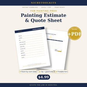 Può includere: Un modello digitale per preventivi e stime di pittura con un'intestazione blu scuro e testo bianco. Il documento include campi per i dettagli del cliente, l'ambito del lavoro, la manodopera e i costi dei materiali in un layout pulito.