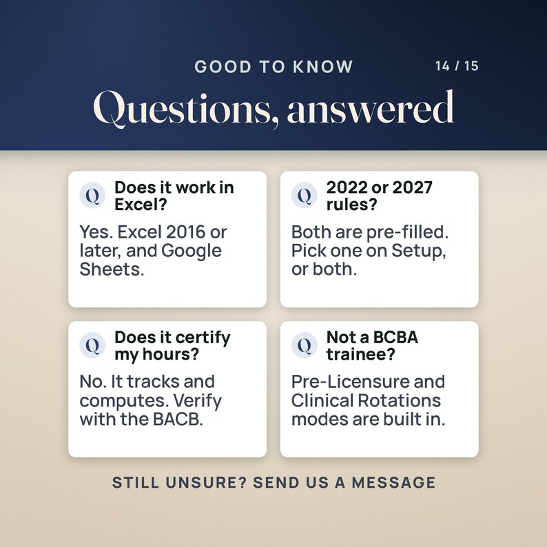 Four questions, answered. Does it work in Excel? Yes, Excel 2016 or later, and Google Sheets. 2022 or 2027 rules? Both are pre-filled; pick one on Setup, or both. Does it certify my hours? No, it tracks and computes; verify with the BACB. Not a BCBA trainee? Pre-Licensure and Clinical Rotations modes are built in. Caption: still unsure? Send us a message.