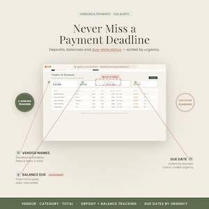 May include: A digital wedding planning dashboard interface titled Vendors & Payments, featuring columns for vendor names, categories, totals, deposits, and due dates. The display highlights payment deadlines, balance calculations, and status alerts.