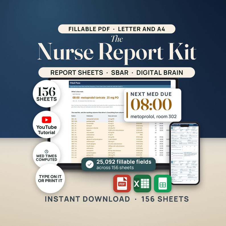 May include: The Nurse Report Kit includes 156 fillable PDF sheets for Letter and A4 paper. It features SBAR and digital brain templates, a YouTube tutorial, and 25,092 fillable fields. The kit is compatible with PDF, Excel, and spreadsheet software.