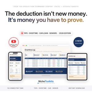 May include: A 2026 tax deduction command centre digital spreadsheet for Excel and Google Sheets. The interface displays an overtime log with financial data, a mobile phone view, and a tablet view. Text includes: The deduction isn't new money. It's money you have to prove.