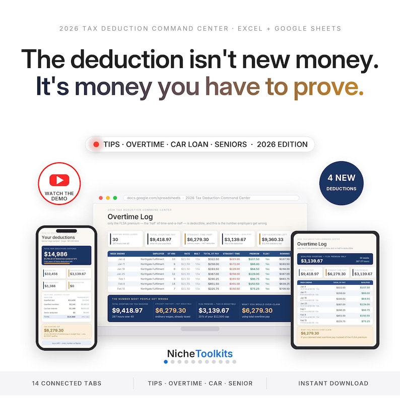 May include: A 2026 tax deduction command center digital spreadsheet for Excel and Google Sheets. The interface displays an overtime log with financial data, a mobile phone view, and a tablet view. Text includes: The deduction isn't new money. It's money you have to prove.