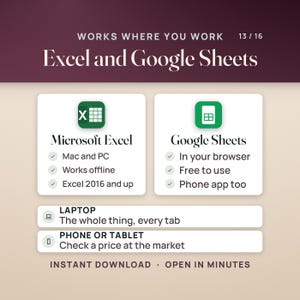 May include: An informational graphic titled Works Where You Work 13/16 Excel and Google Sheets. It lists compatibility for Microsoft Excel and Google Sheets, including Mac, PC, browser, and mobile app access, plus laptop, phone, or tablet usage.