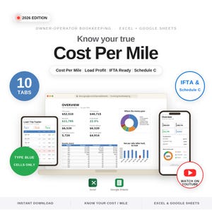 K&ouml;nnte beinhalten: Eine digitale Buchhaltungstabelle f&uuml;r selbstst&auml;ndige Unternehmer, Ausgabe 2026, mit Laptop, Tablet und Smartphone, die Finanzdaten, Diagramme und Tabellen anzeigen. Enth&auml;lt Text: Know your true Cost Per Mile, 10 Tabs, IFTA & Schedule C, Type blue cells only, Watch on YouTube, Excel und Google Sheets.